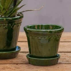 Scalloped Tapered Plant Pot With Saucer - Dark Green -Happy Garden pr2000035578 card3 lg