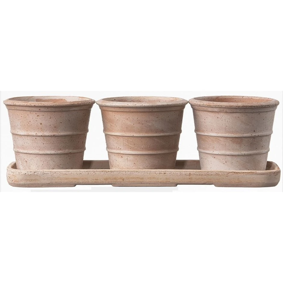 Italian Terracotta Pots Whitewash - Set Of 3 With Tray 1 Italian Terracotta Pots Whitewash - Set Of 3 With Tray